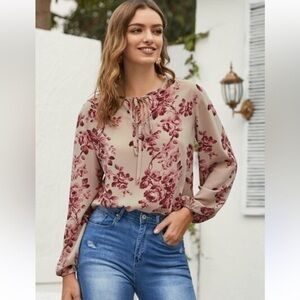 Floral Print Semi Sheer Beige Long Sleeve Bohemian Top